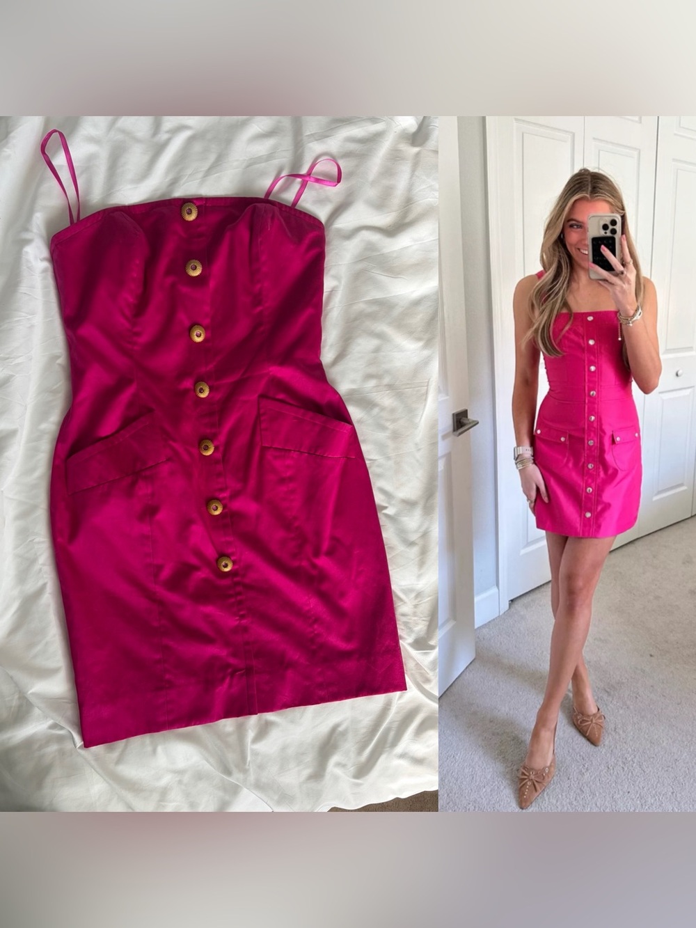 Vintage Bill Blass Hot Pink Button-Front Strapless Dress
